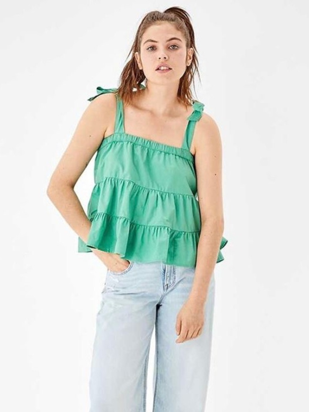 American Eagle green tie strap tiered smocked tank size large